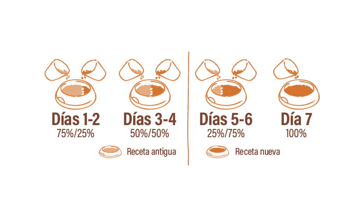 Gráfico de transición de comida para mascotas, mostrando una mezcla gradual entre la receta antigua y la nueva en un periodo de 7 días. Días 1-2: 75% receta antigua y 25% receta nueva. Días 3-4: 50% receta antigua y 50% receta nueva. Días 5-6: 25% receta antigua y 75% receta nueva. Día 7: 100% receta nueva.